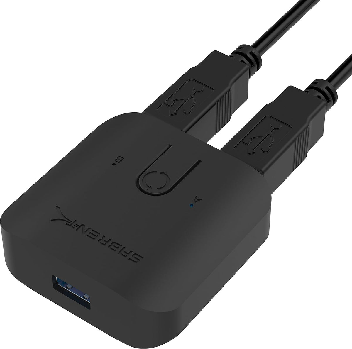 Sabrent USB 3.0 Sharing Switch front view showcasing the manual toggle button and blue LED indicators.