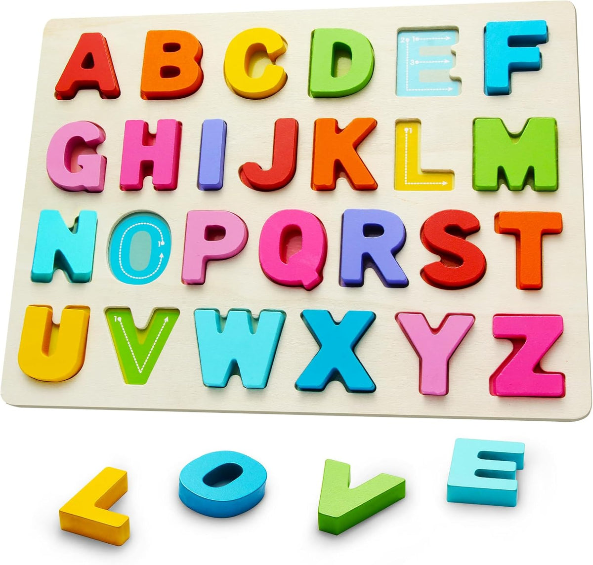 Jolsnaf wooden alphabet puzzle board front view showing colorful letters for toddler preschool learning activities.