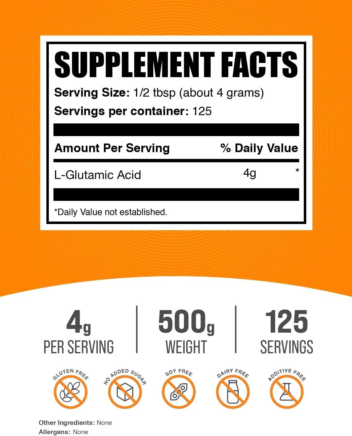 BulkSupplements L Glutamic Acid amino acid supplement nutrition facts label