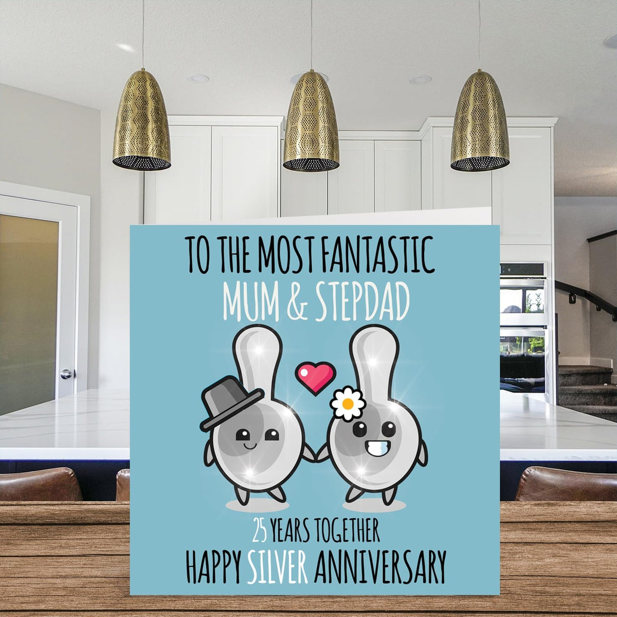 Stuff4 25th anniversary card close up of silver spoon couple design