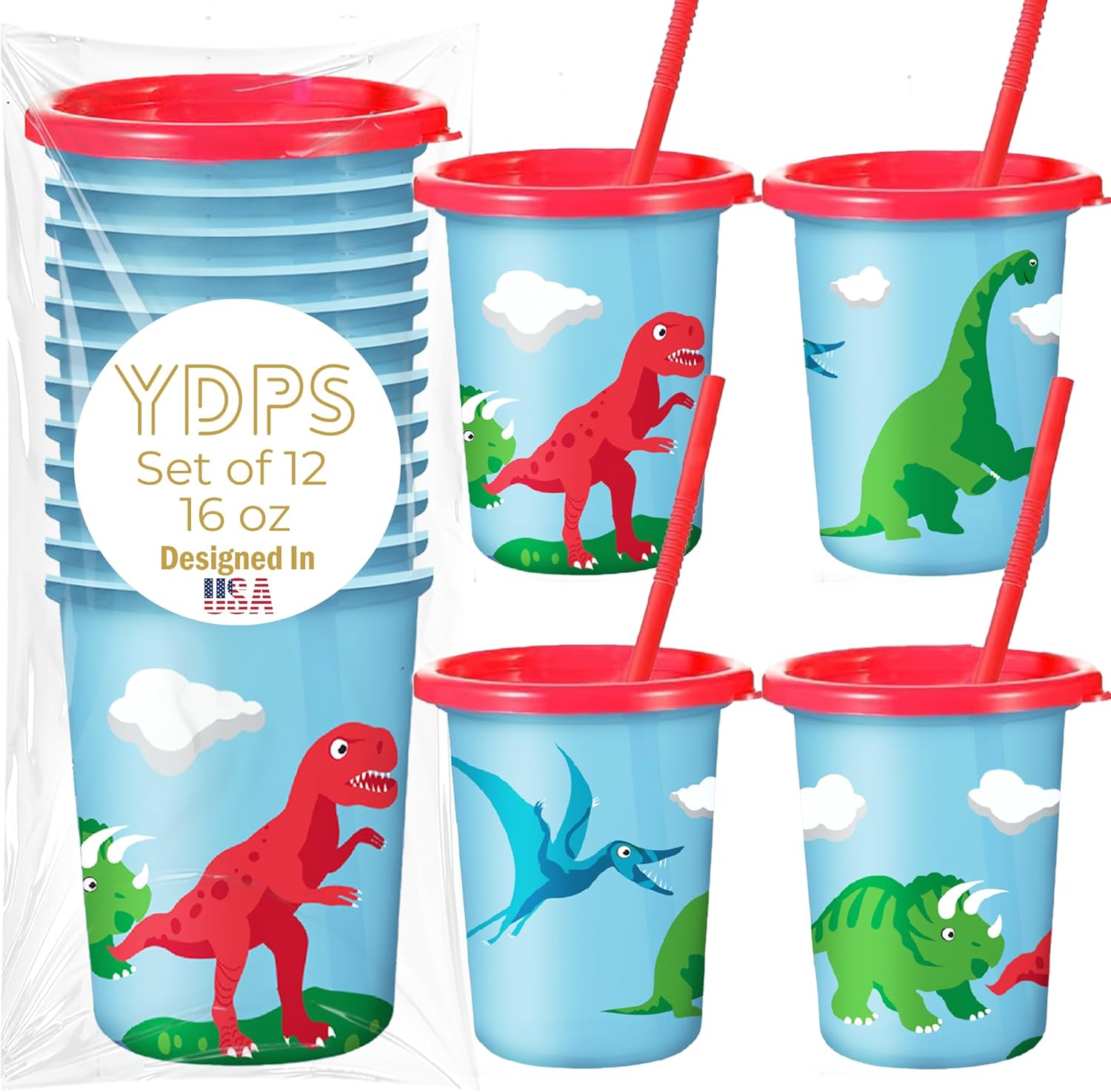 Your Dream Party Shop 12 pack dinosaur cups with lids and straws front view
