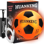 HuanKeng glow in the dark soccer ball front view illuminating in an orange color during a night game.