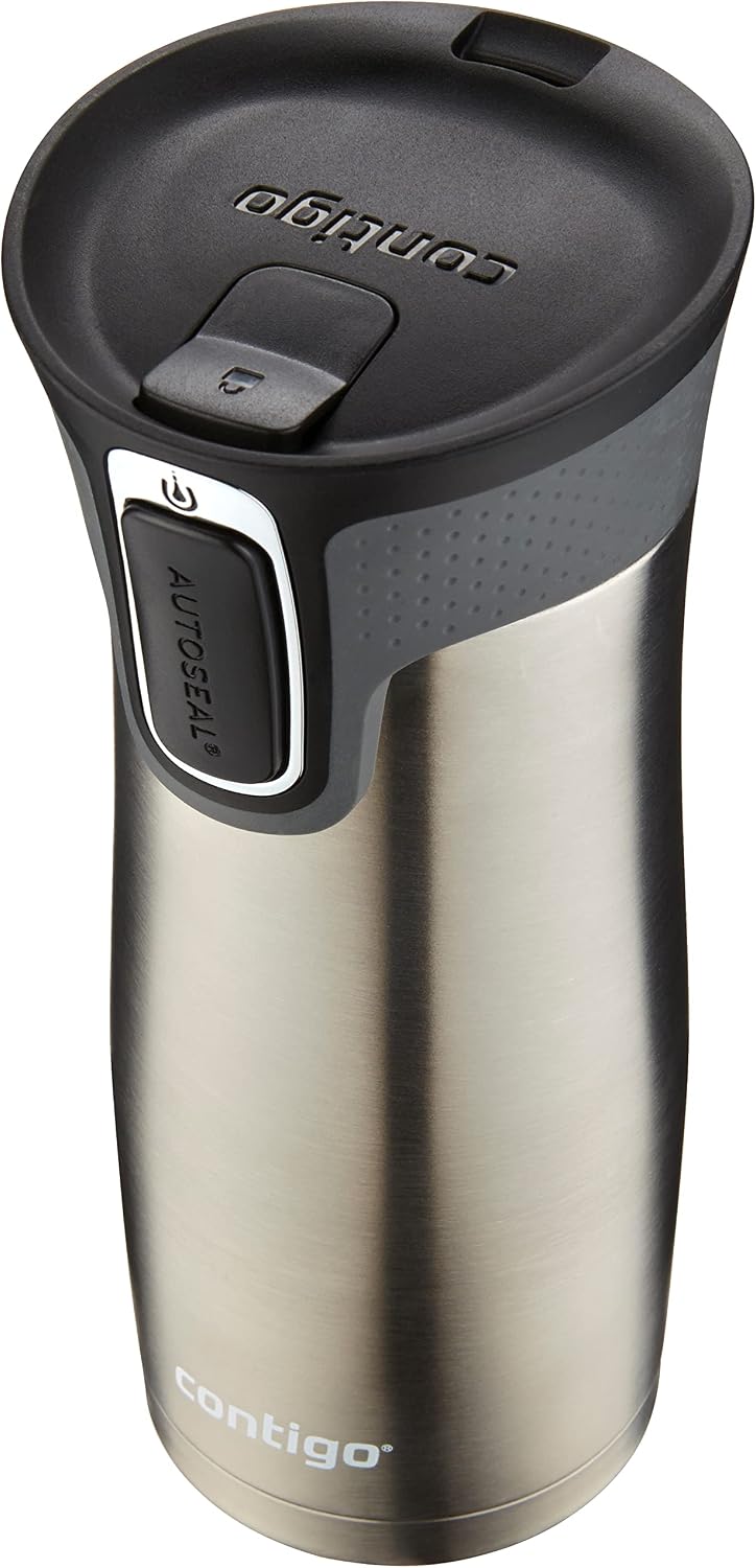 Contigo stainless steel travel mug front view with black lid