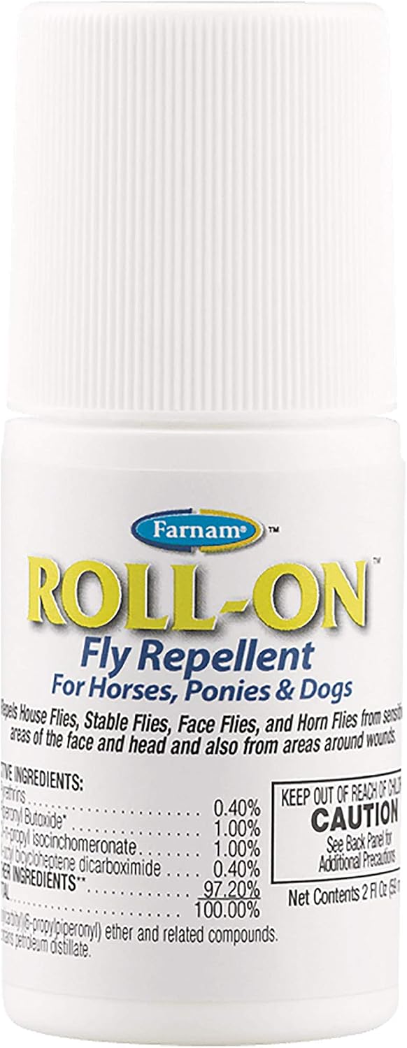 Farnam Roll On Fly Repellent front view showing two fluid ounce bottle packaging.