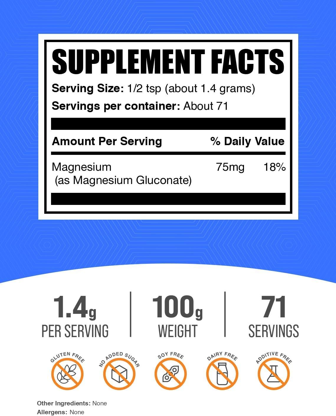 BulkSupplements Magnesium Gluconate clean unflavored powder texture close up