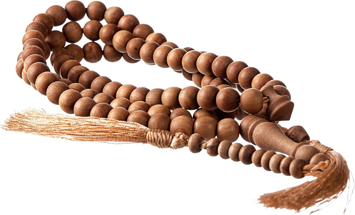 Nusantara Shop Sandalwood Tasbih front view showing 99 natural wooden beads
