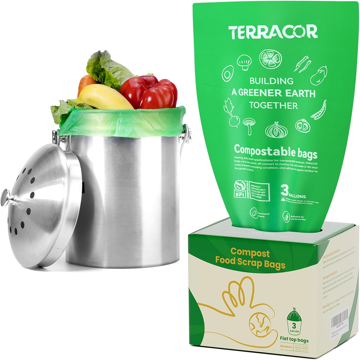 TERRACOR 3 Gallon Compostable Food Scrap Bags front view packaging roll for kitchen countertop composting bins