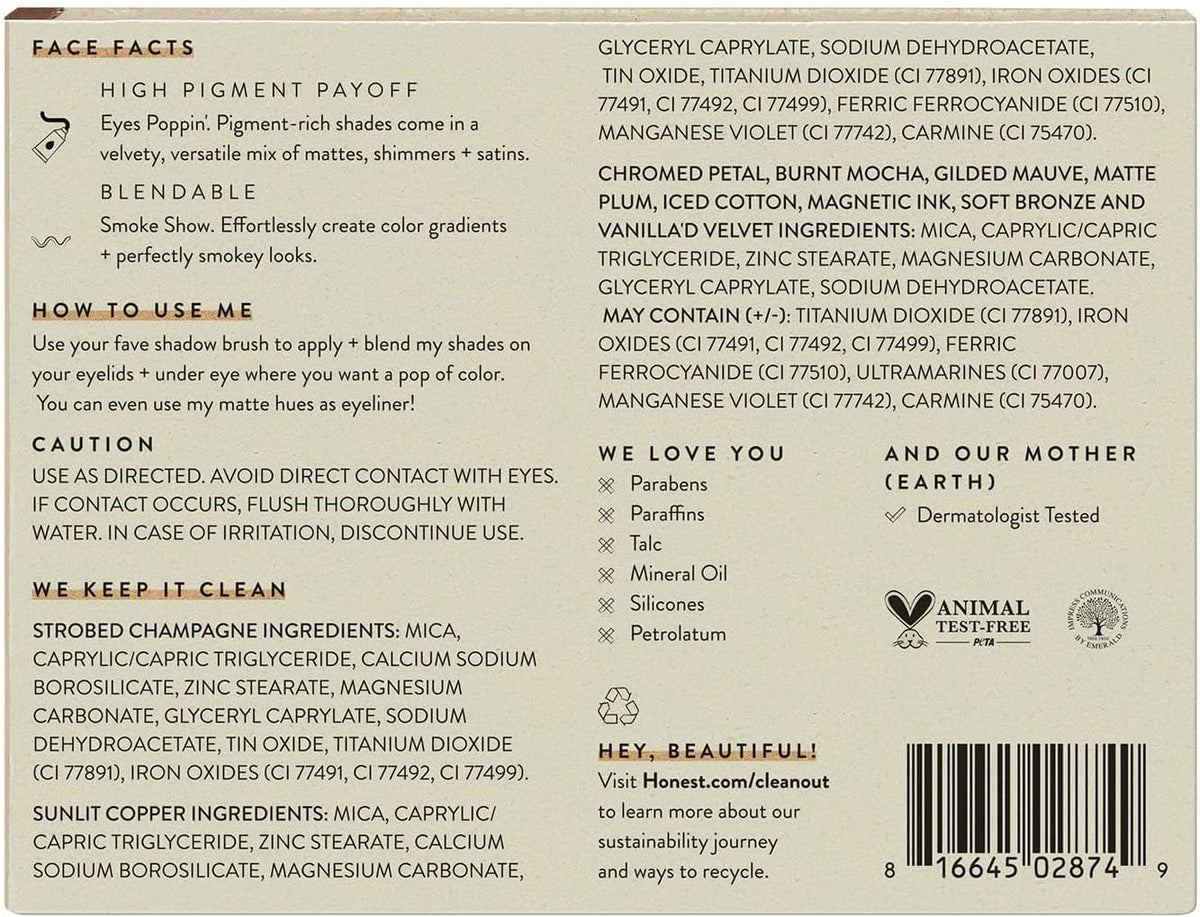 Honest Beauty clean beauty eyeshadow palette back packaging label