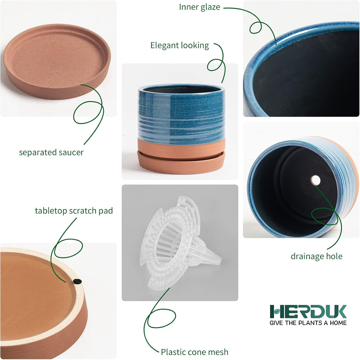 HERDUK decorative ceramic pot bottom base and drainage hole
