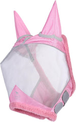 Side profile of horse wearing pink UV protective fly mask