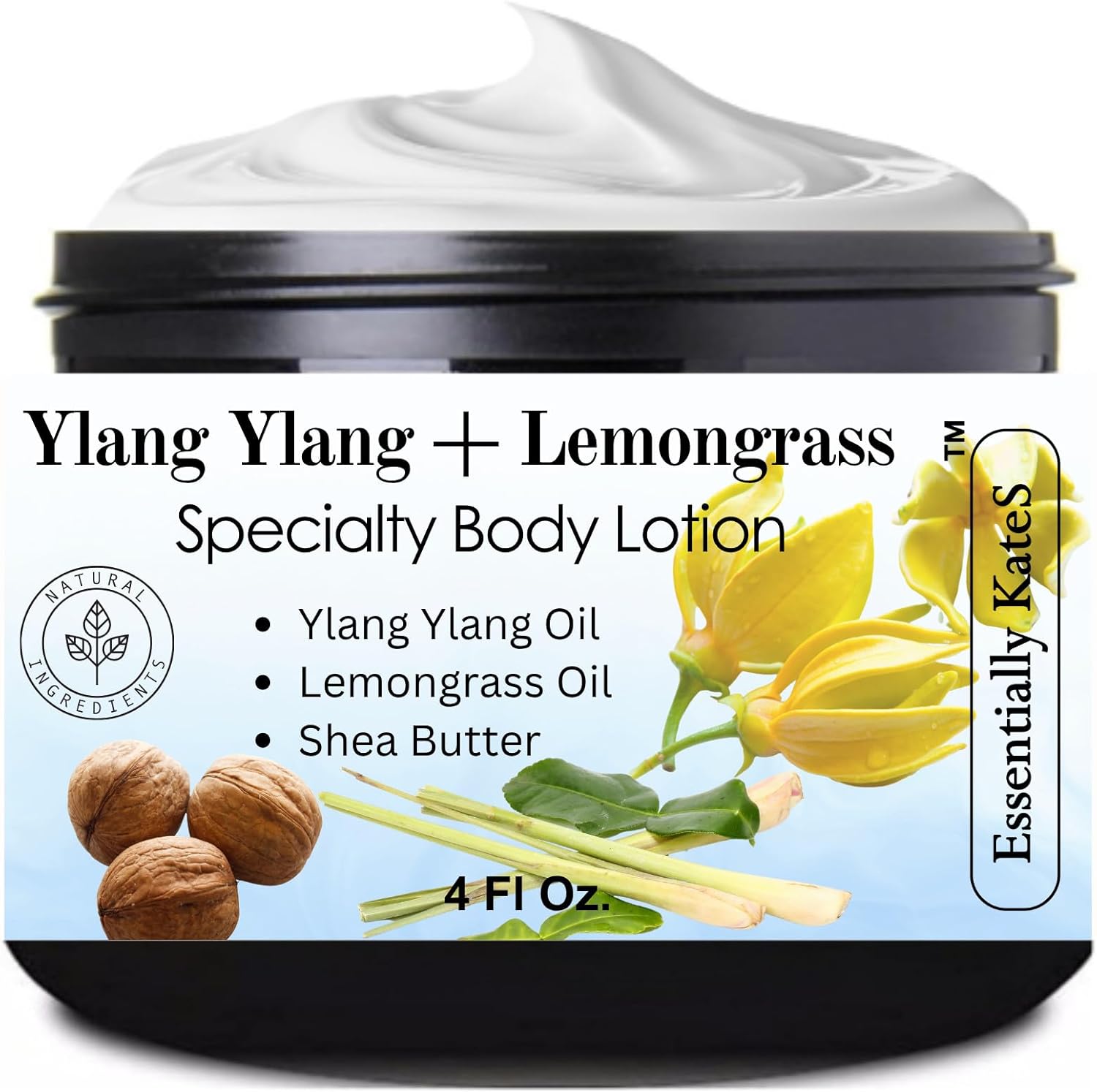 Essentially KateS Ylang Ylang and Lemongrass Specialty Cream Lotion 4 Fluid Ounce front view showing brand packaging and key ingredients.