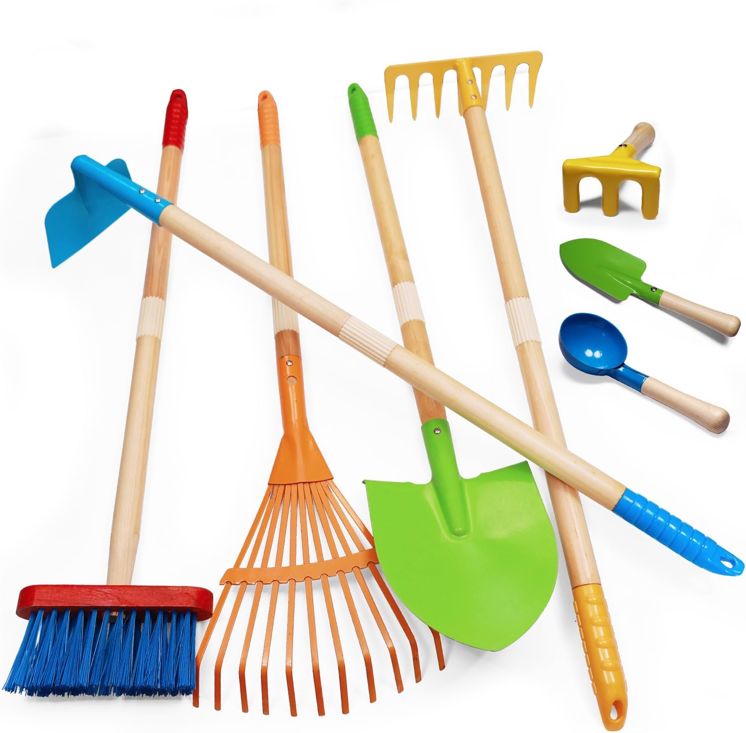 Pomiku kids gardening tools eight piece set front view showing colorful metal shovels and wooden handles