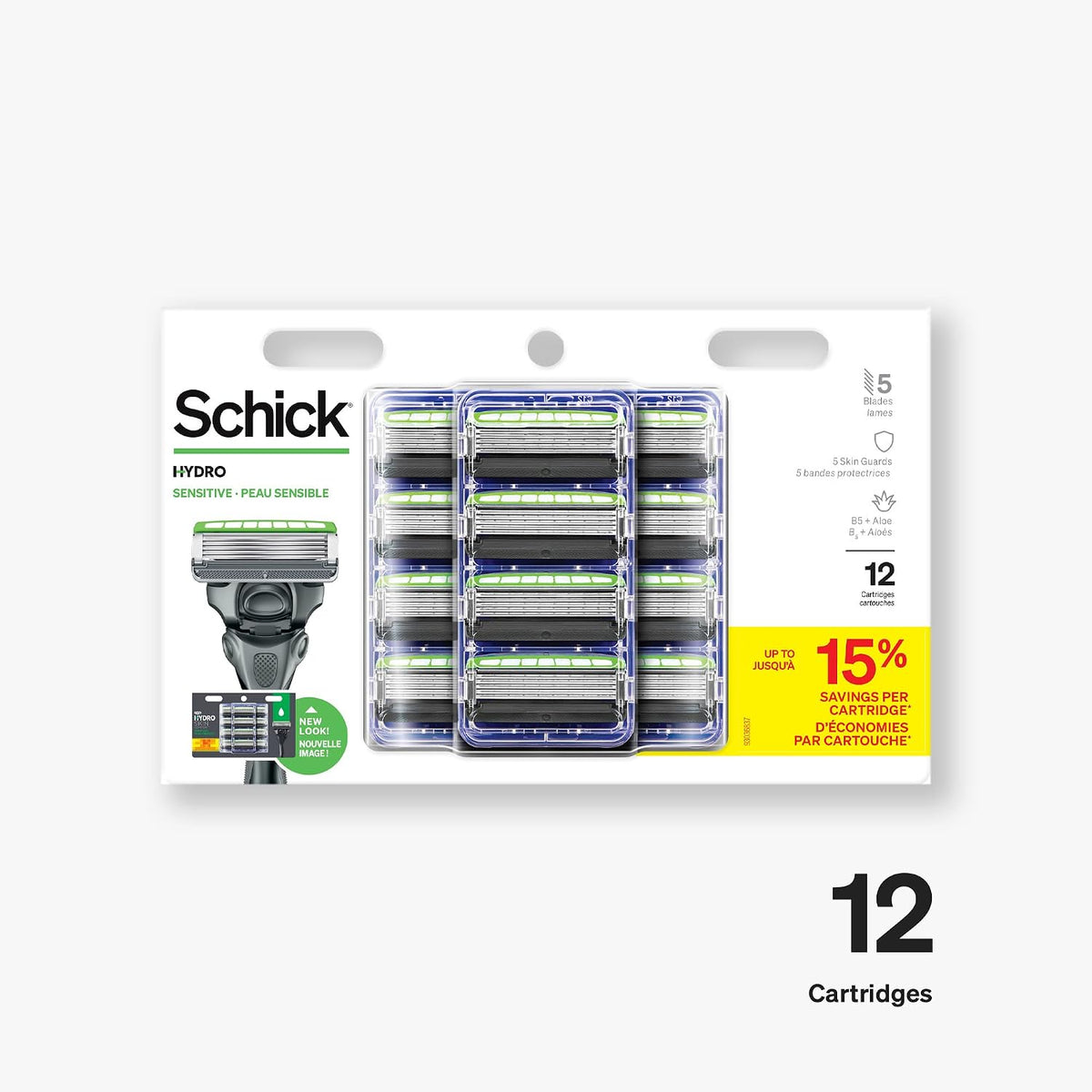 Schick Hydro 12 count razor refill cartridges packaging display