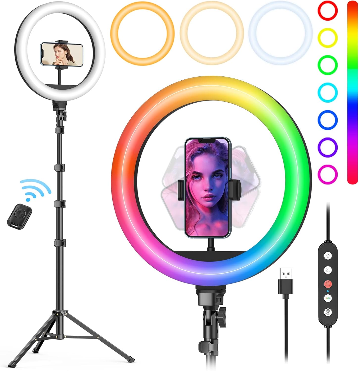 Weilisi 10 Inch Selfie Ring Light front view with 72 inch tripod stand illuminated in warm white mode for professional video recording.