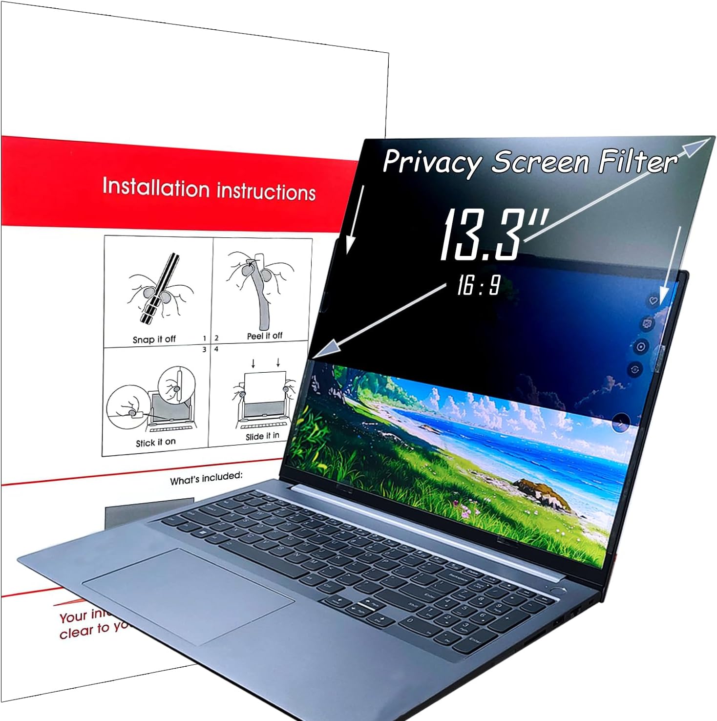 SUBDUEDLT 13.3 inch privacy screen filter front view on a modern widescreen laptop display