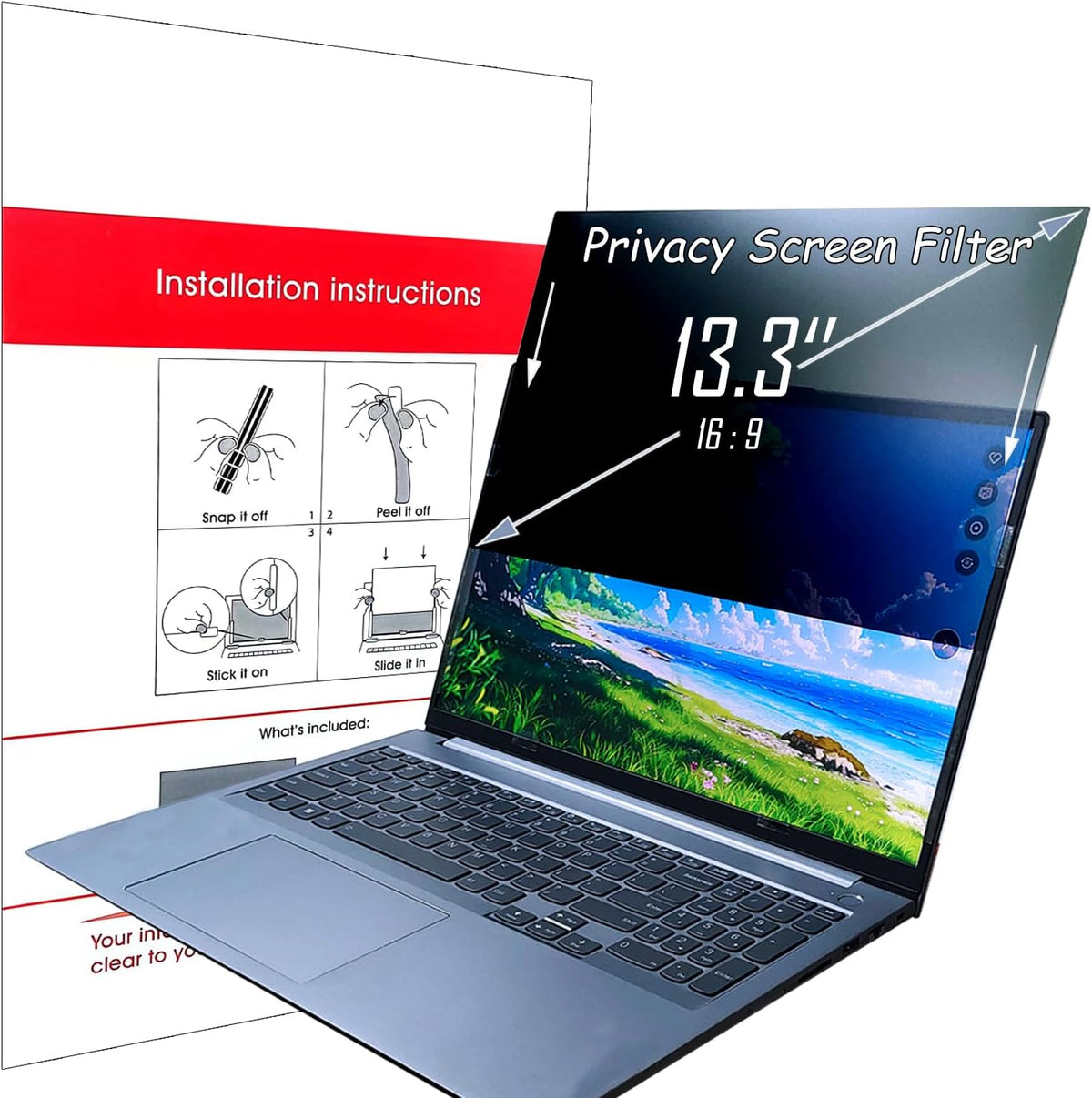 SUBDUEDLT 13.3 inch privacy screen filter front view on a modern widescreen laptop display