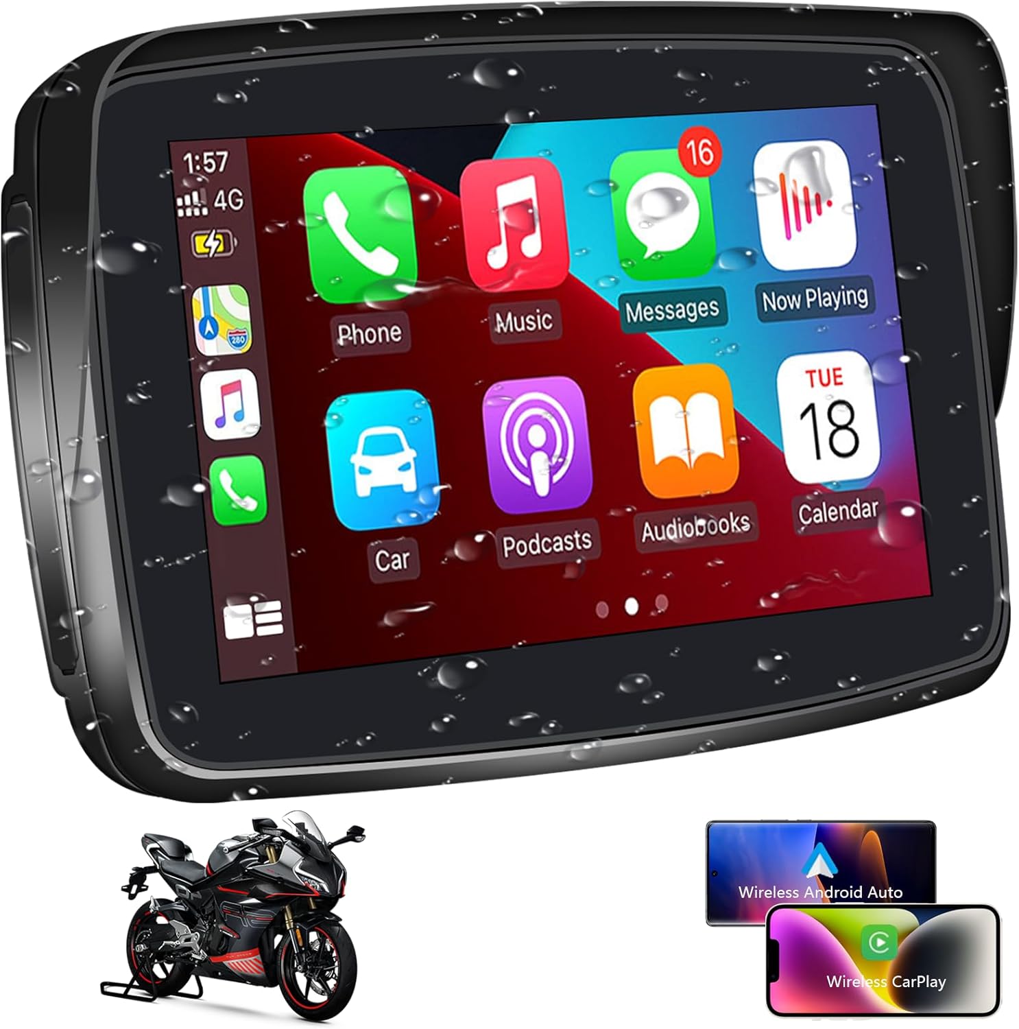 SANPTENT portable motorcycle carplay screen front view mounted on handlebars displaying navigation map