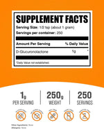BulkSupplements D-Glucuronolactone powder packaging displaying nutritional facts and serving size details