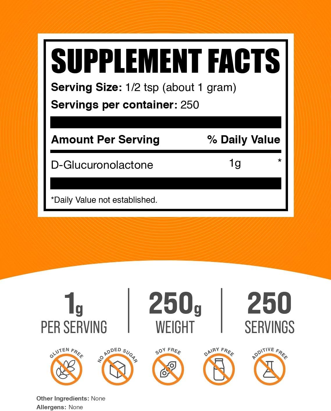 BulkSupplements D-Glucuronolactone powder packaging displaying nutritional facts and serving size details