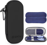 SMYV insulin cooler travel case front view showing the durable black nylon exterior and secure zipper closure.