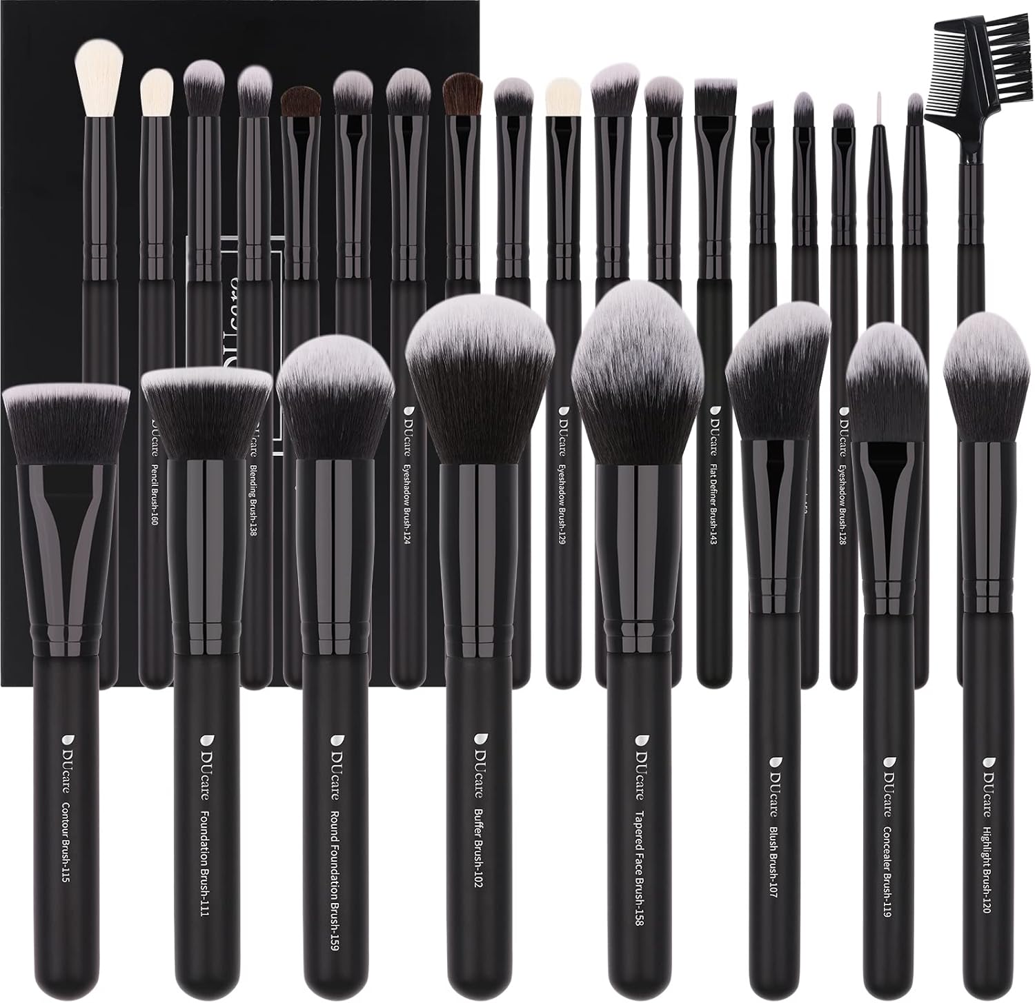DUcare Professional Makeup Brushes Set front view showcasing 27 black matte brushes.