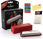 Complete Hohner Golden Melody harmonica starter kit laid out together