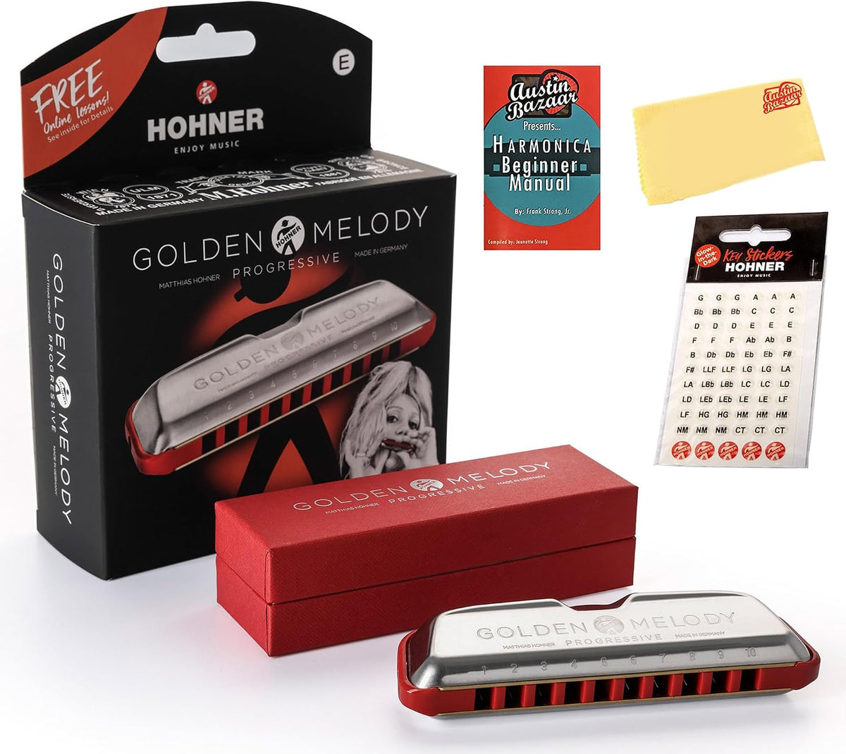 Complete Hohner Golden Melody harmonica starter kit laid out together