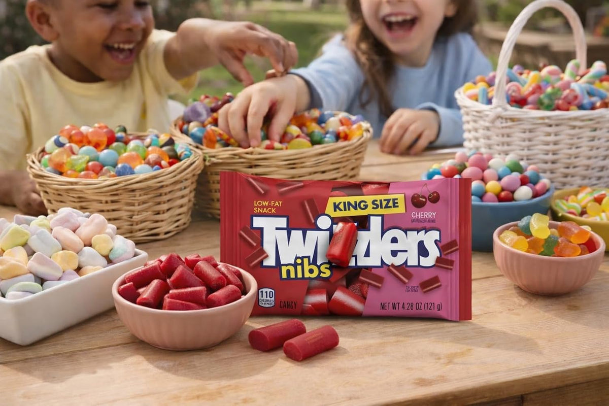 Ten pack bundle layout of the king size cherry licorice candy bags.