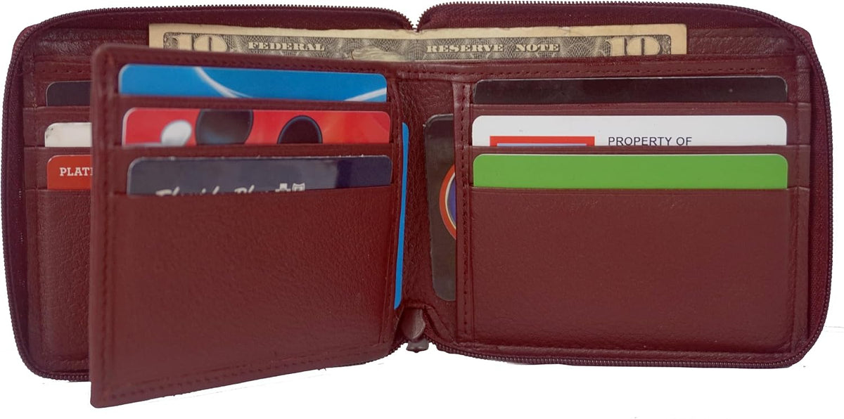 Close up of the secure metal zip around chain on burgundy bifold wallet