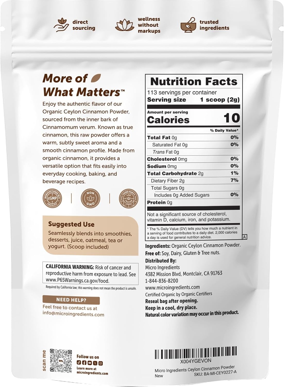 Micro Ingredients Ceylon cinnamon powder 8 ounces rear label details