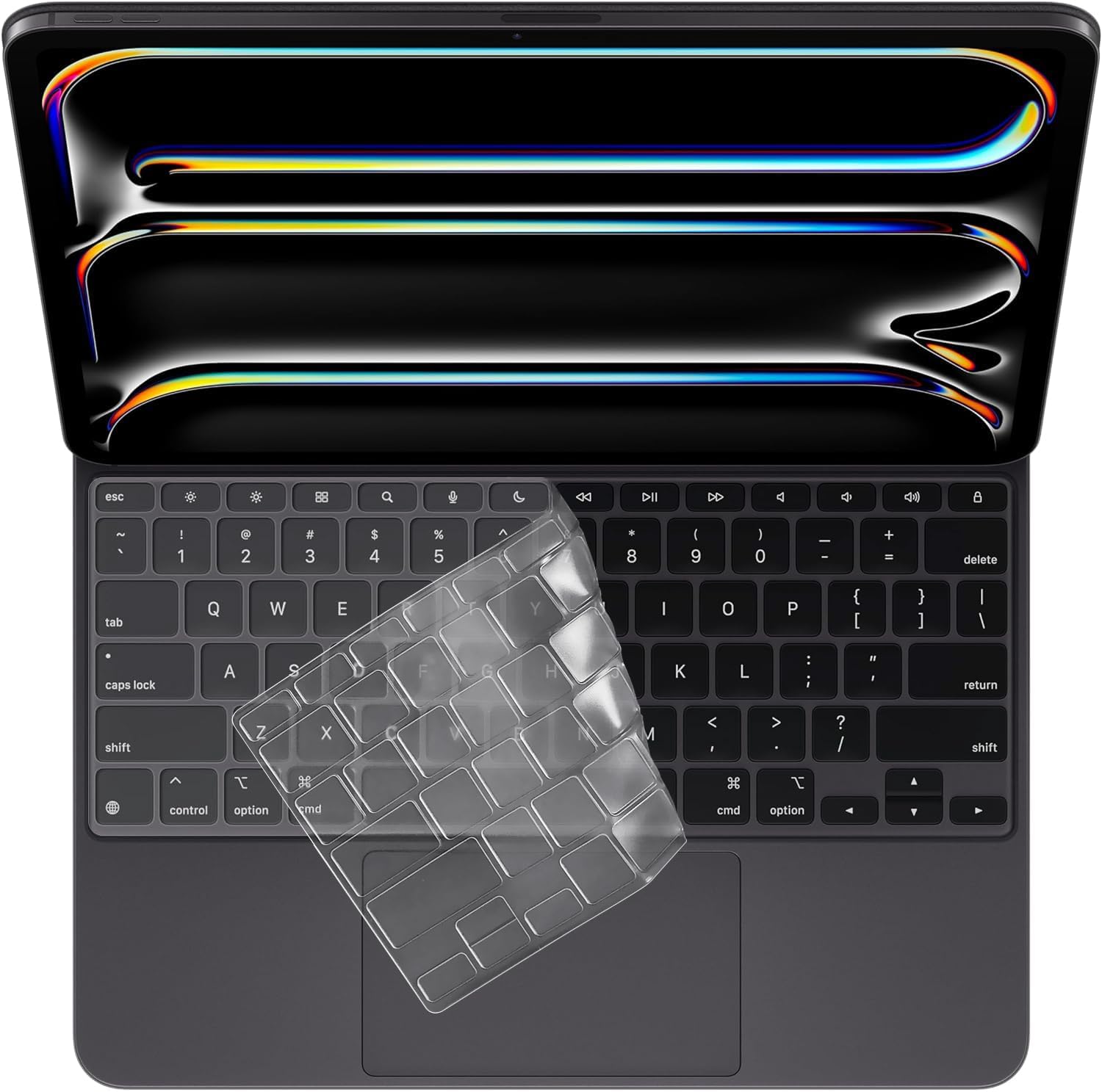 ProElife transparent TPU keyboard cover front view on M4 iPad Pro 13 inch Magic Keyboard