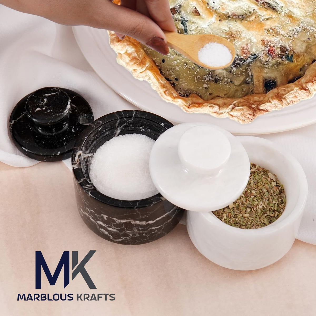 Marblous Krafts white and black zebra stone salt container open lid
