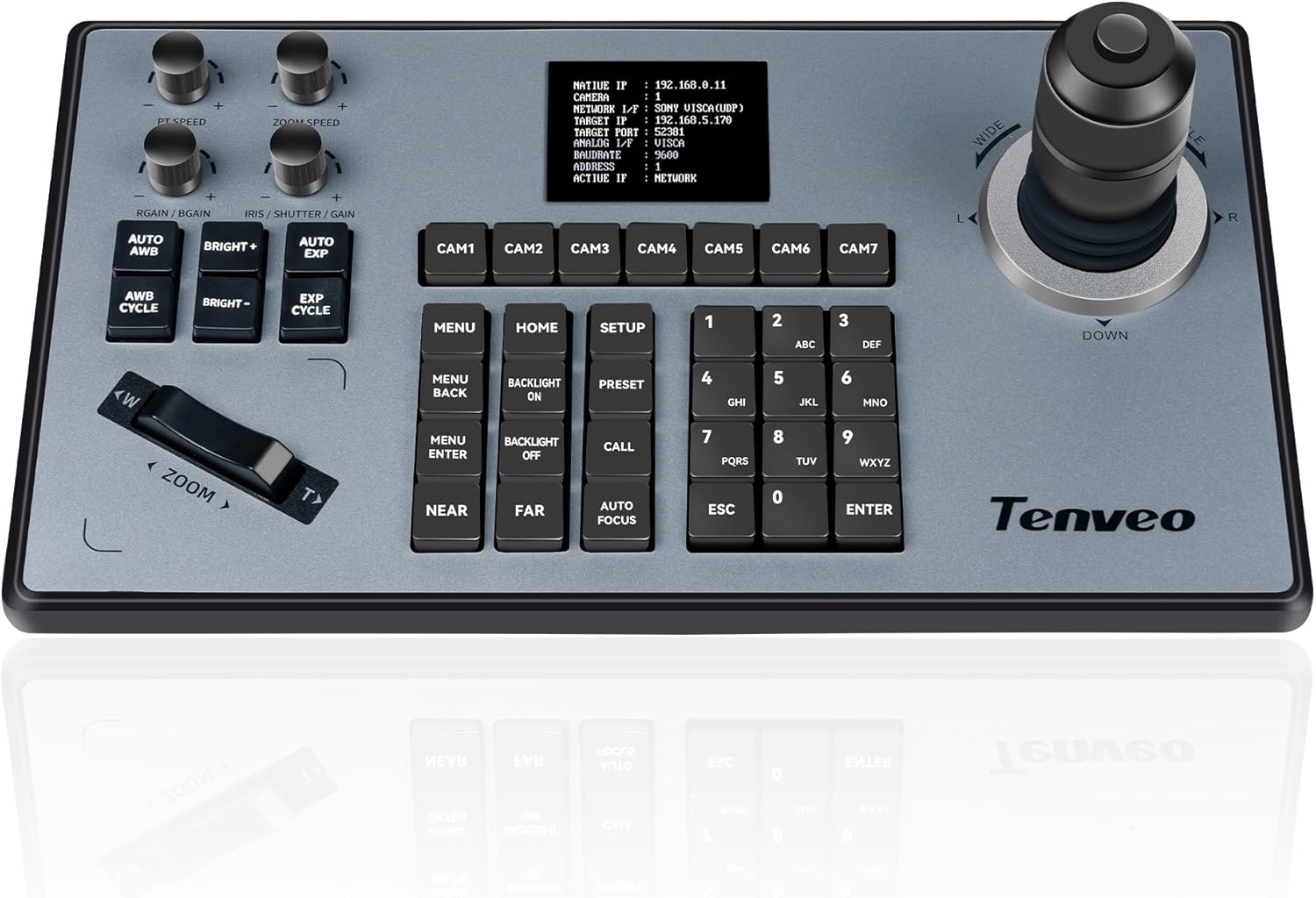 Tenveo PTZ camera controller front view showing 4D joystick for live streaming production