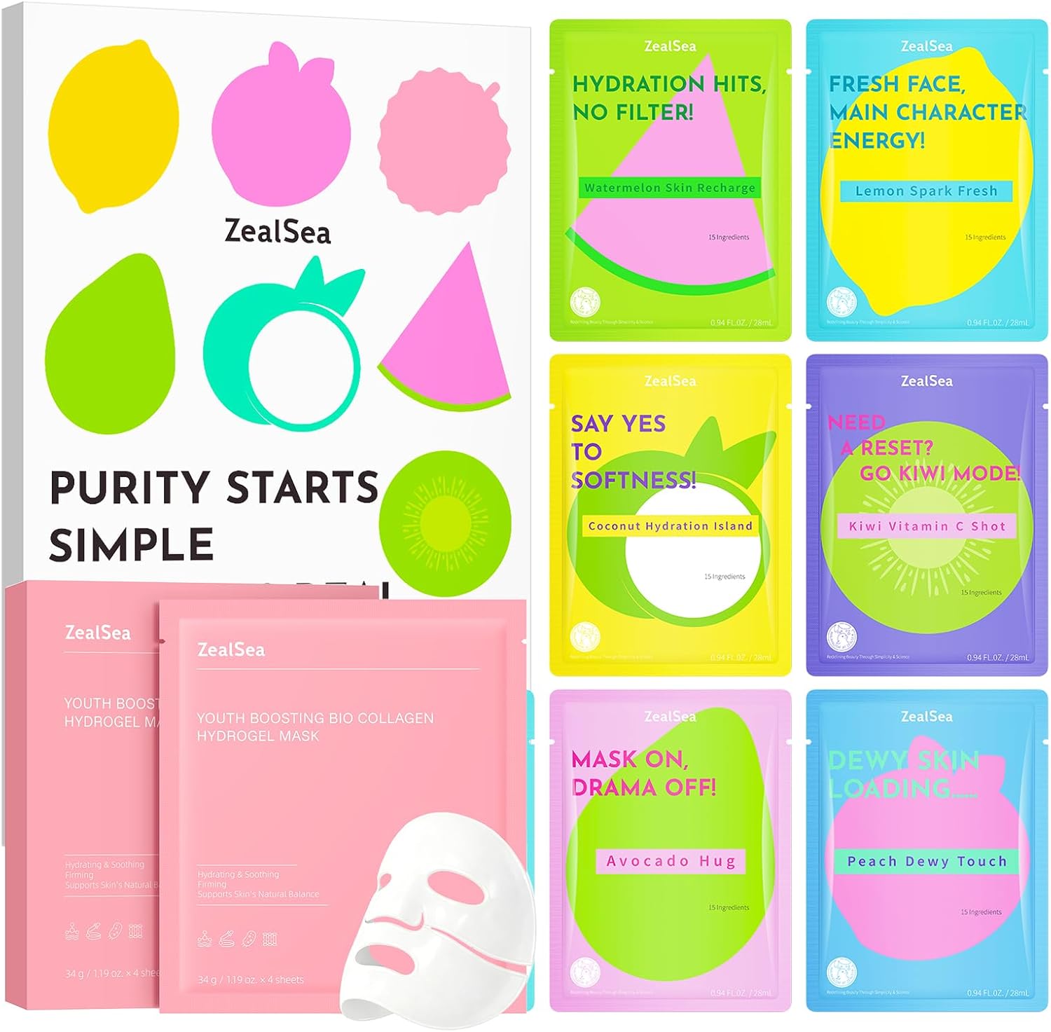 ZealSea Clean Beauty Face Mask and Bio Collagen Wrapping Hydrogel Set front packaging view showing eleven total packs for glass skin