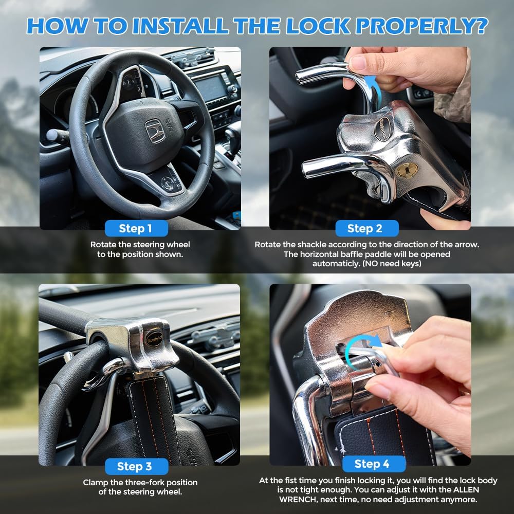 Blueshyhall Vehicle Steering Wheel Lock, Anti Theft Locking Devices Heavy Duty Security Lock with Safety Hammer for Auto Car Truck SUV Van Camper, Grey - Image 6