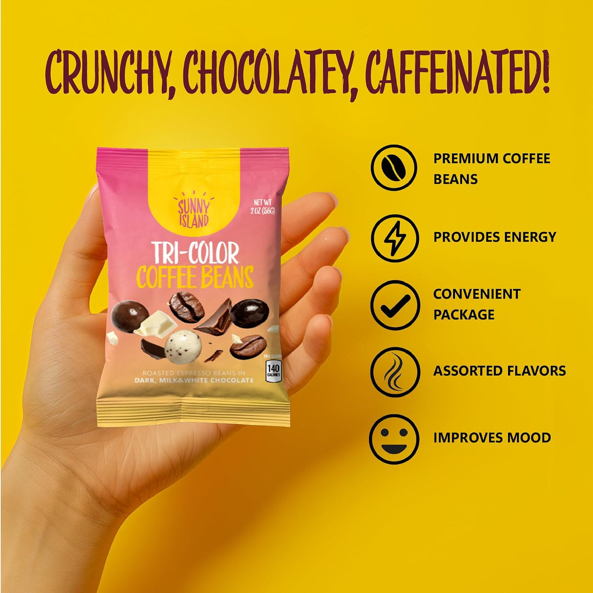 Twelve individual 2-ounce pouches of Sunny Island coffee beans