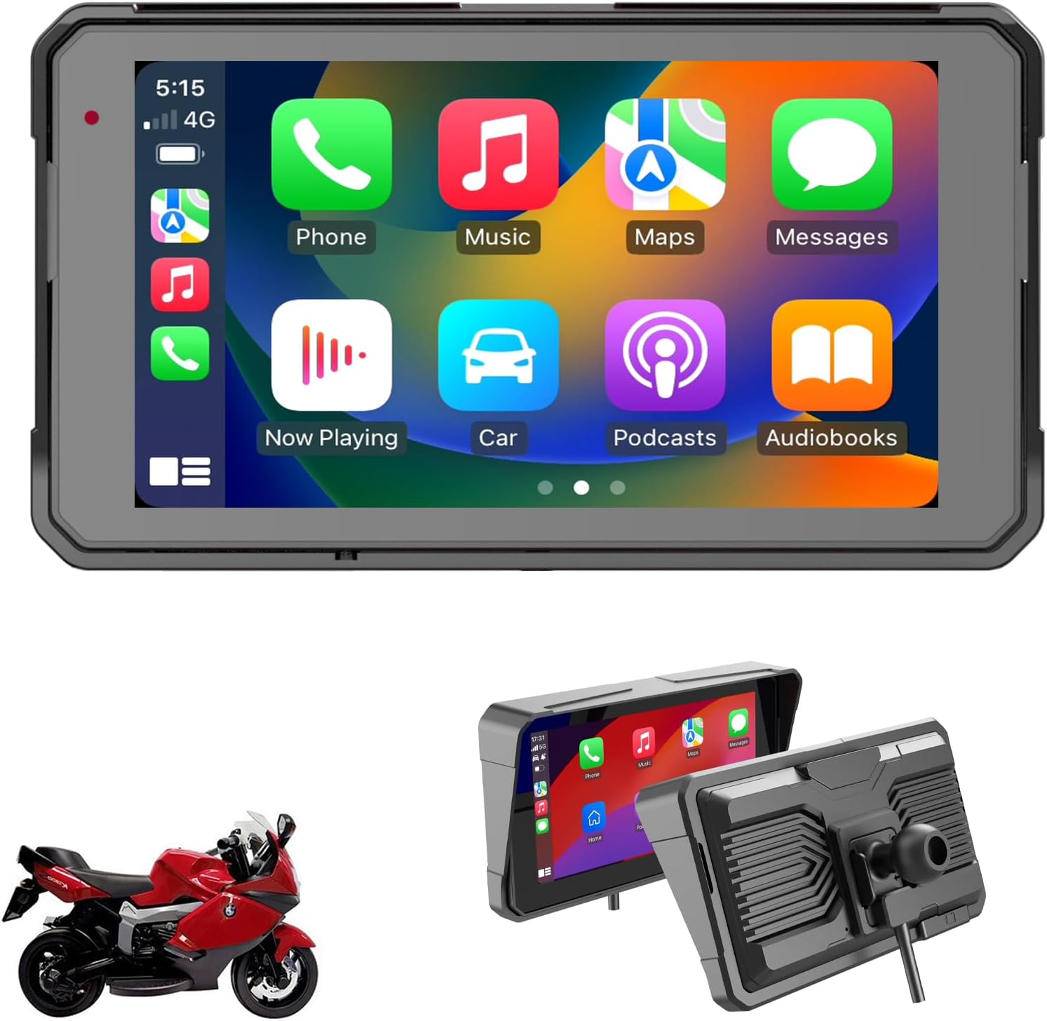 Sunweyer 6-Inch Motorcycle GPS front view showing wireless Apple CarPlay home screen interface.