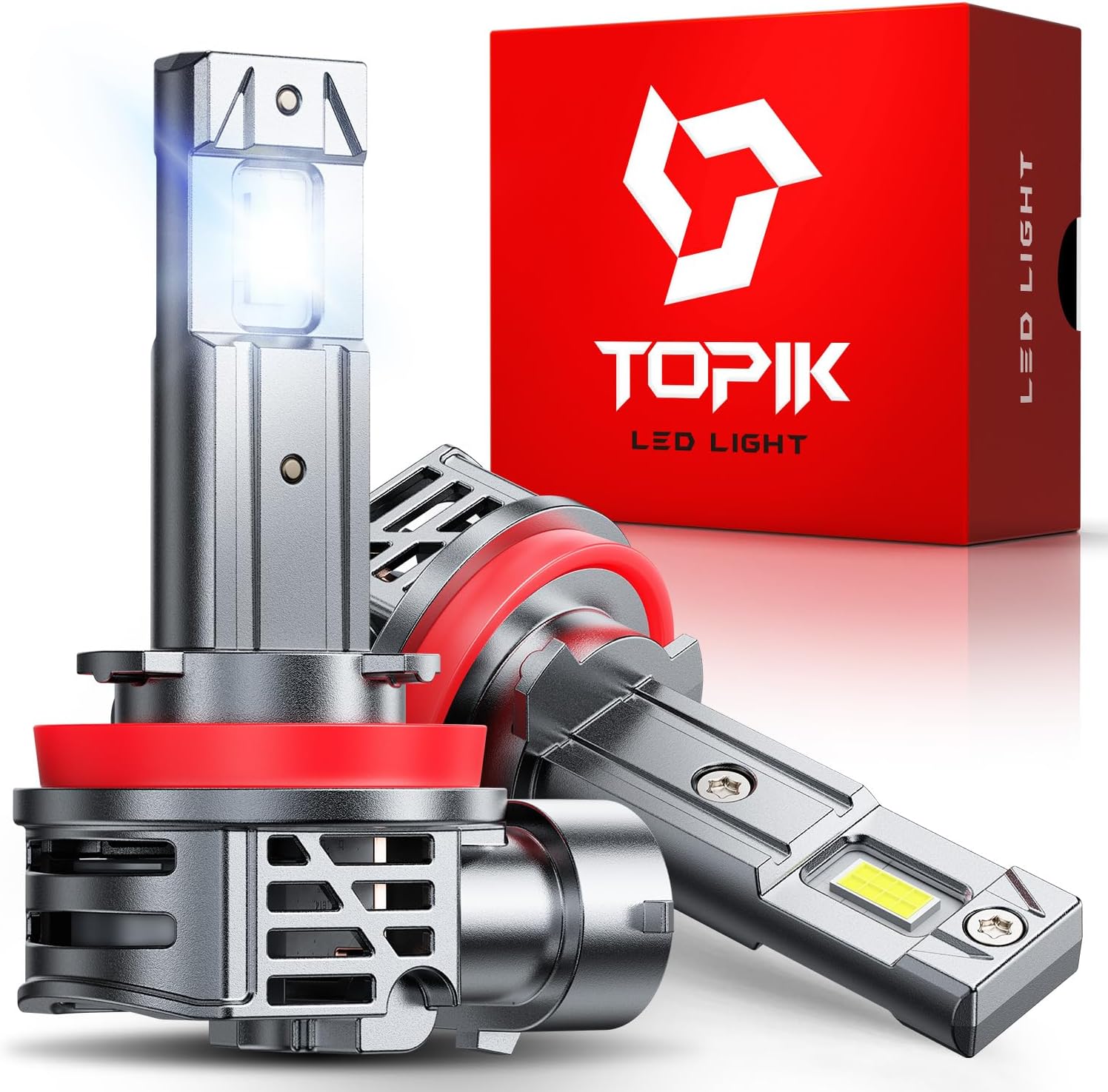 TOPIK upgraded H11 LED headlight bulbs pack of 2 front view showing aircraft grade aluminum body and compact cooling fan housing