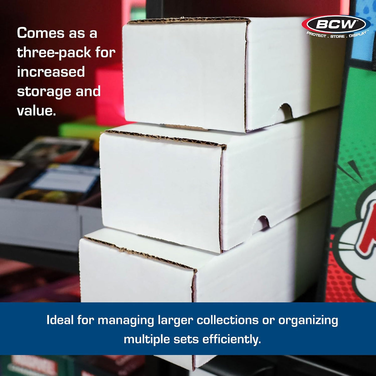 Trading card storage boxes holding sports cards