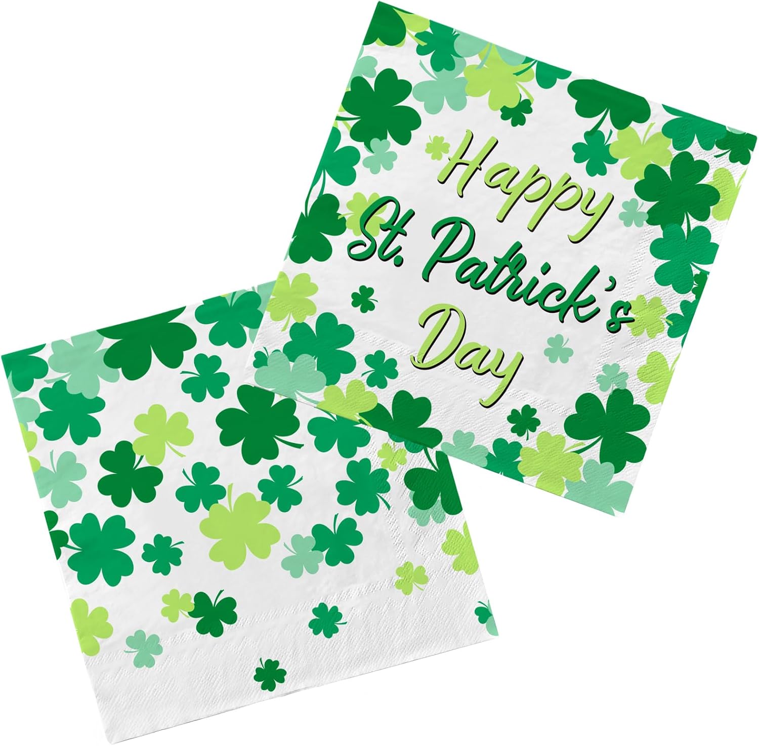 Gatherfun St. Patrick's Day party supplies kit front view showing green shamrock paper napkins packaging.