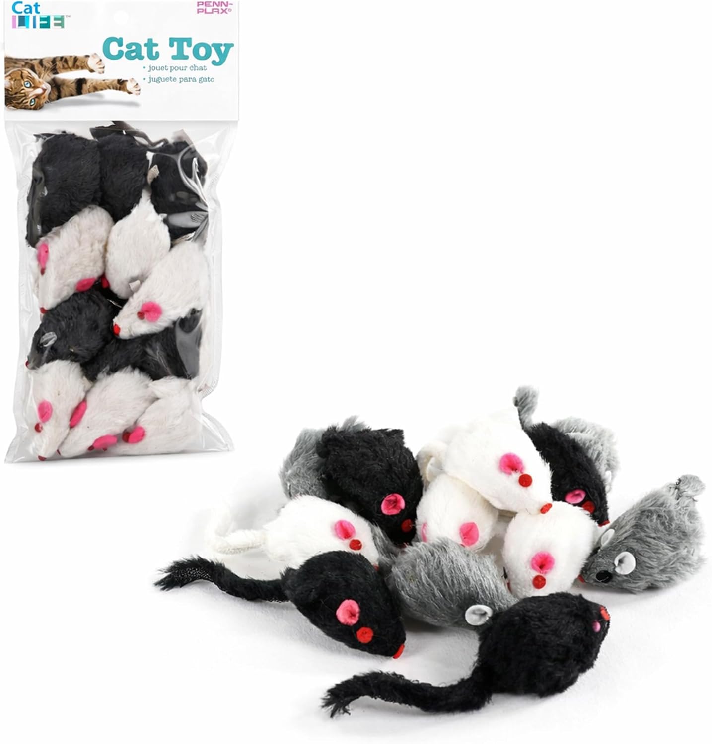 Penn-Plax Play Fur Mice Cat Toys front view of twelve pack interactive cat toys