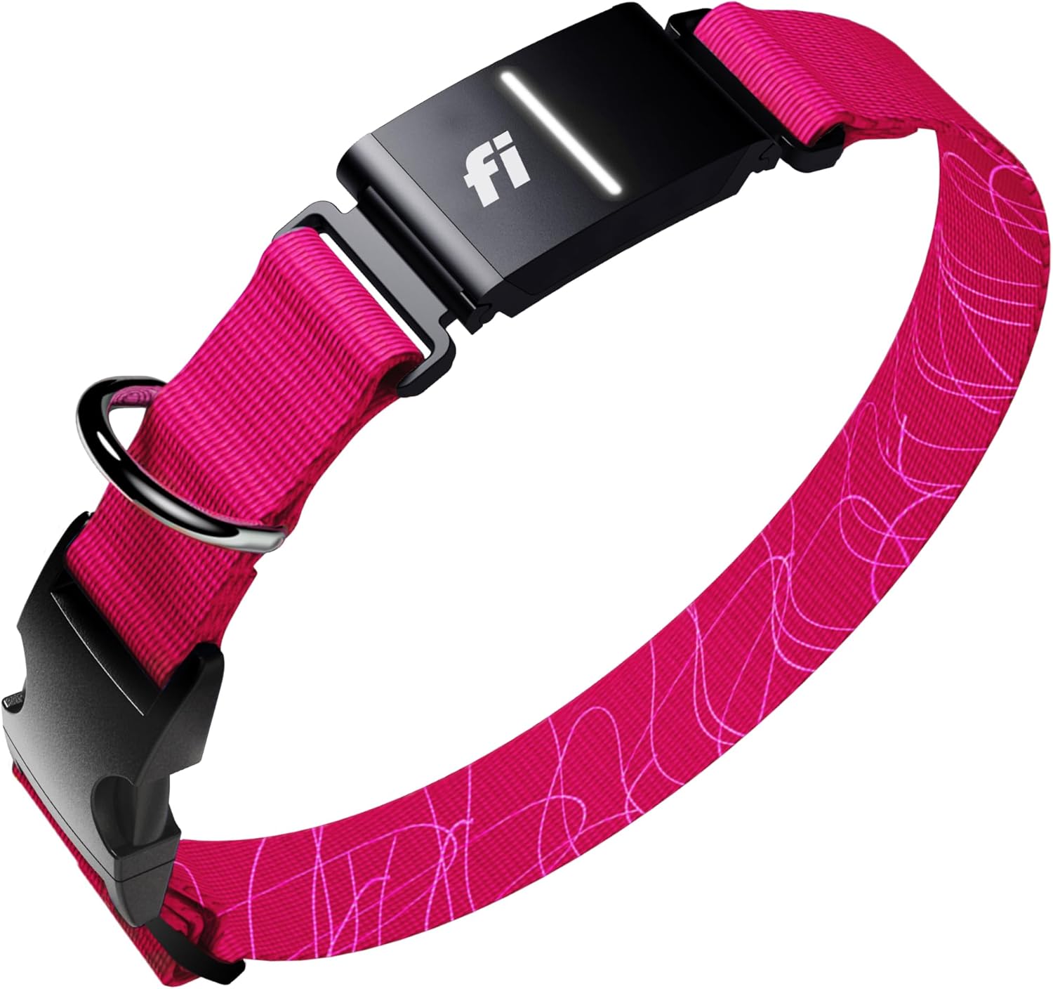 Fi New Series 3+ Smart Dog Tracker Collar front view showing the pink band and stainless steel tracking module.