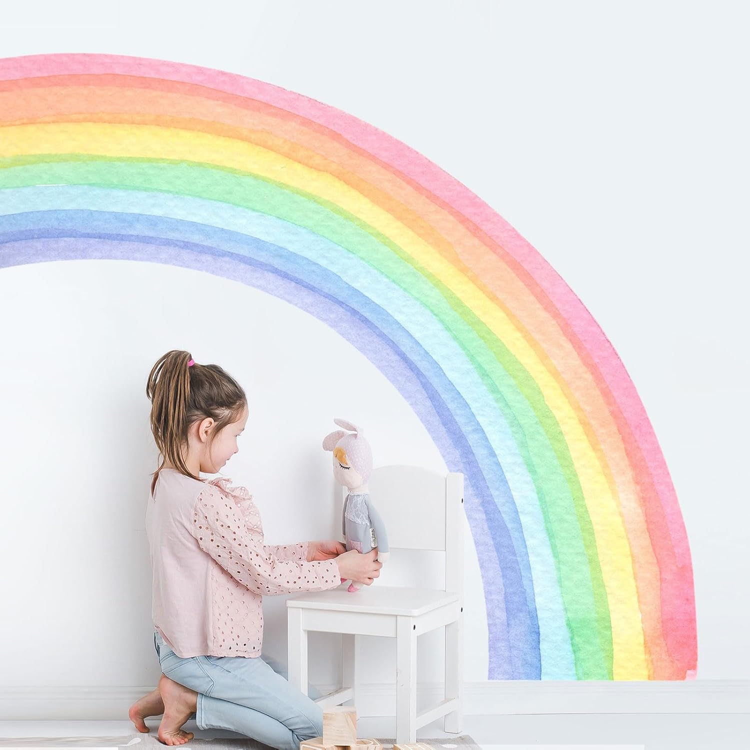 Supzone large watercolor rainbow wall sticker installed on a nursery wall