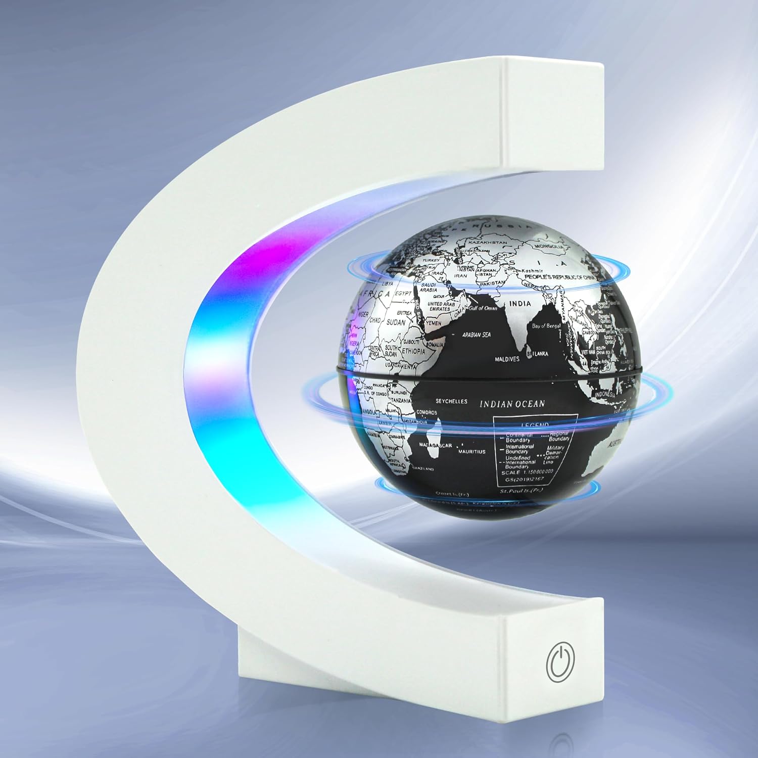 Flagest Magnetic Levitating Globe front view with white C-frame and glowing LED lights on an office desk.