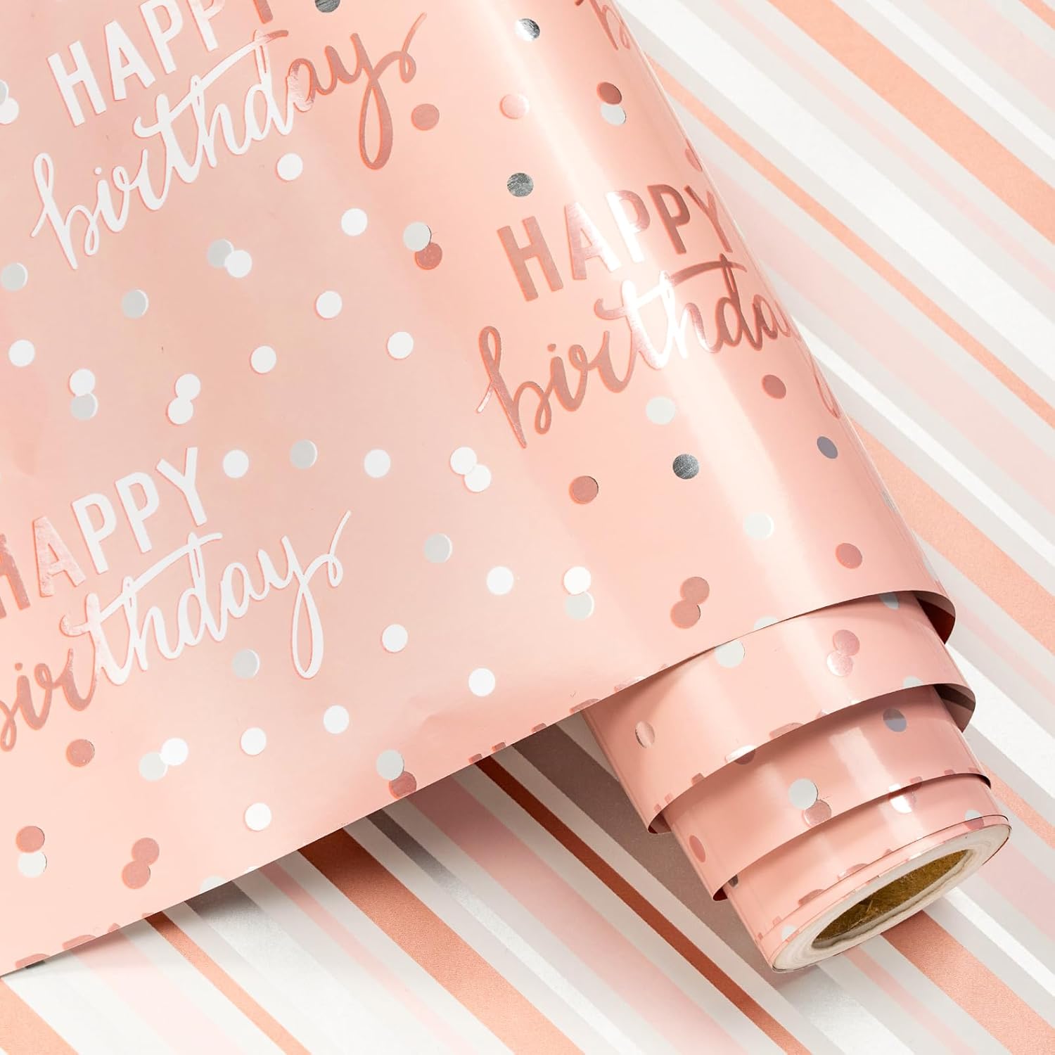 LeZakaa reversible pink birthday wrapping paper roll front view showcasing rose gold foil lettering
