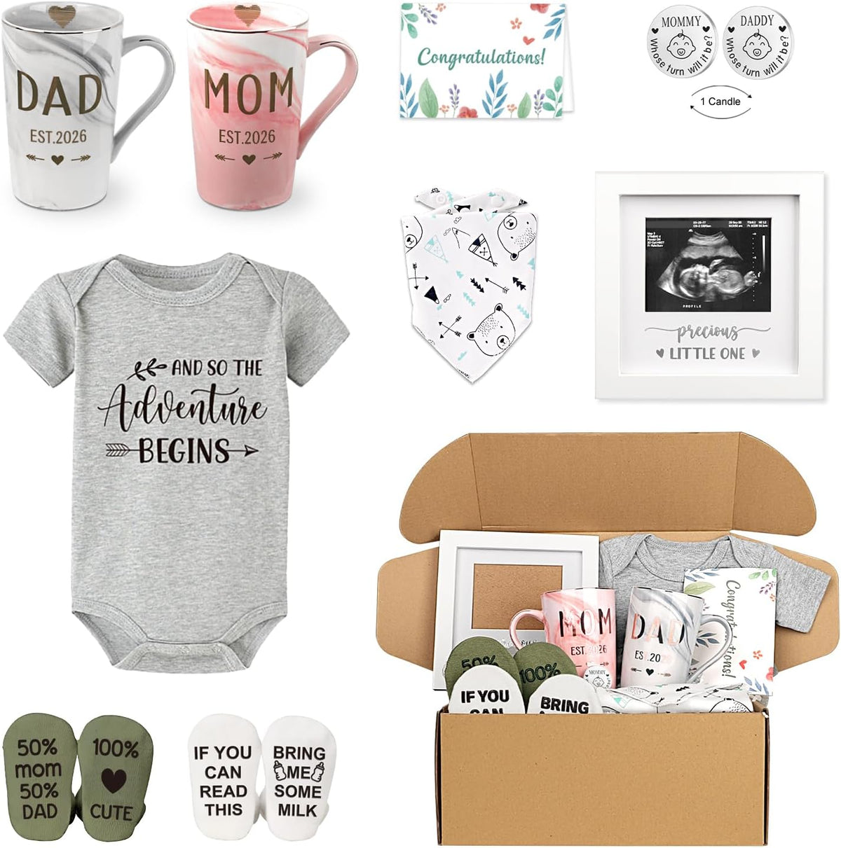 Blinking Stars New Parents Gift Set front view showcasing the complete pregnancy announcement box contents.