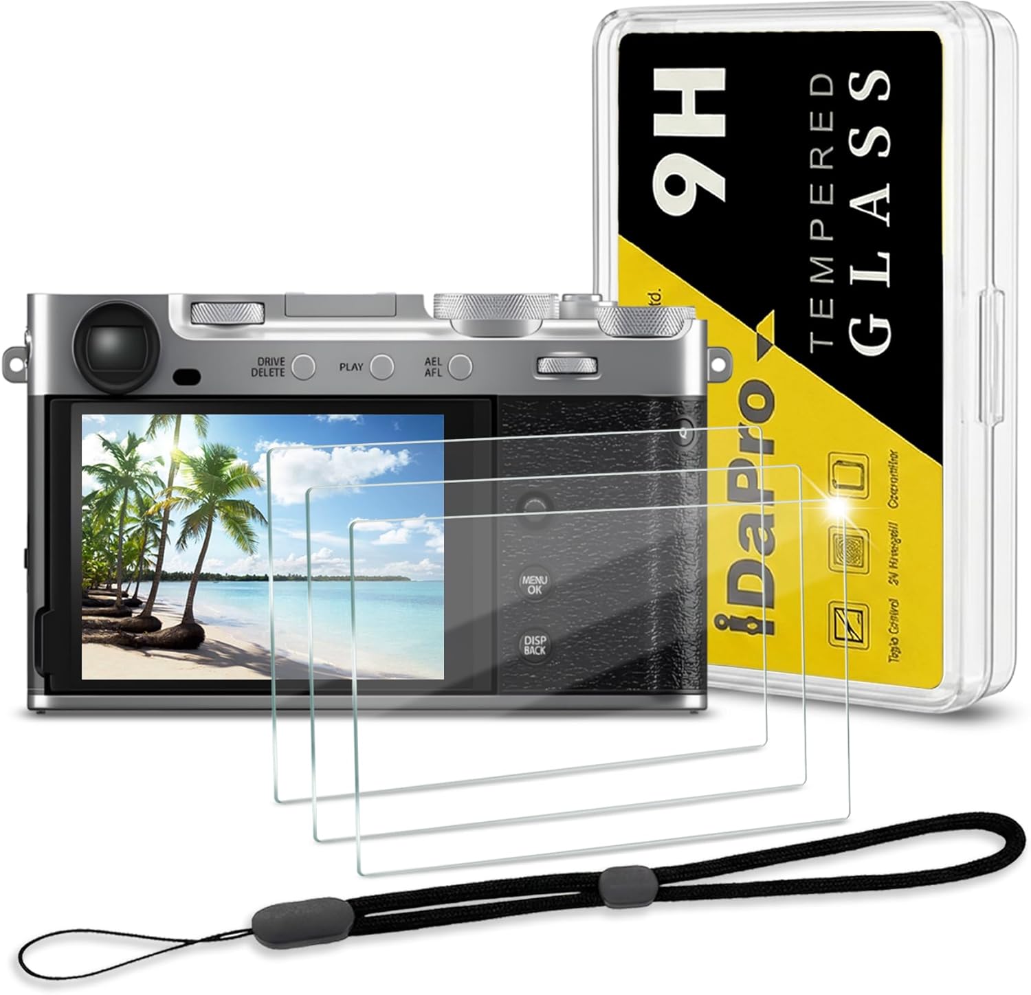 iDaPro Fujifilm X-E5 tempered glass screen protector front view showing three pack screen guards and camera hand strap accessory bundle.