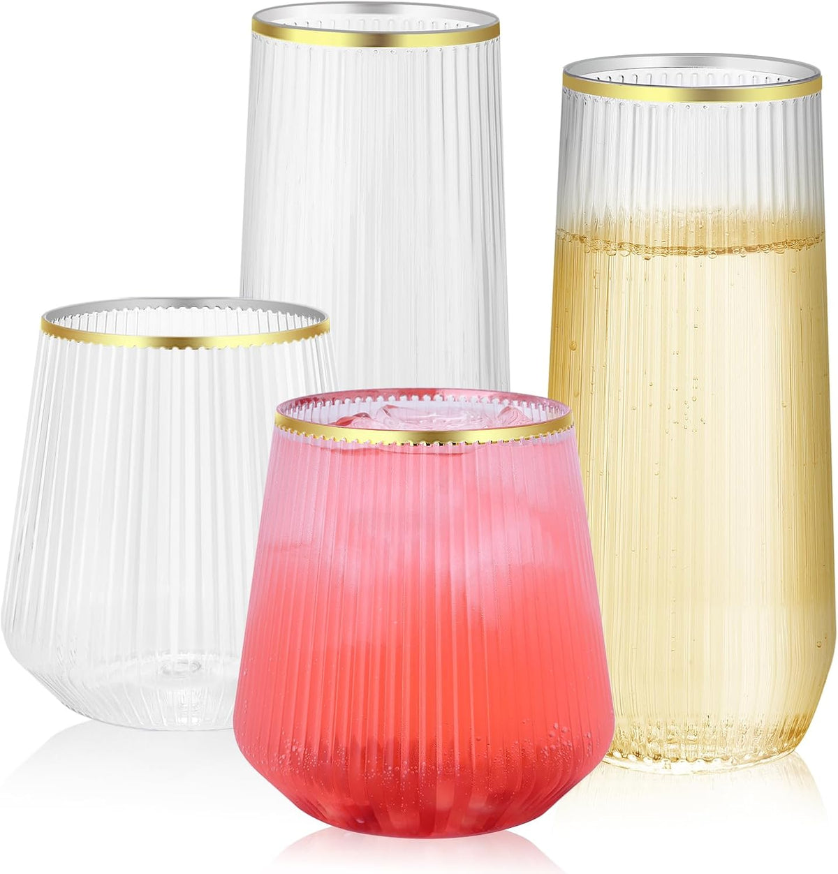 Bellaforte ribbed plastic wine glasses 48 pack front view with gold rim details.