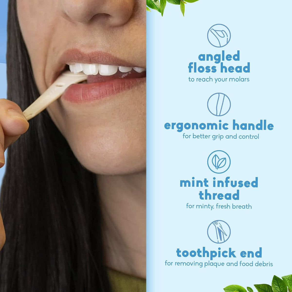 The Humble Co. molar angled reach floss picks handle design