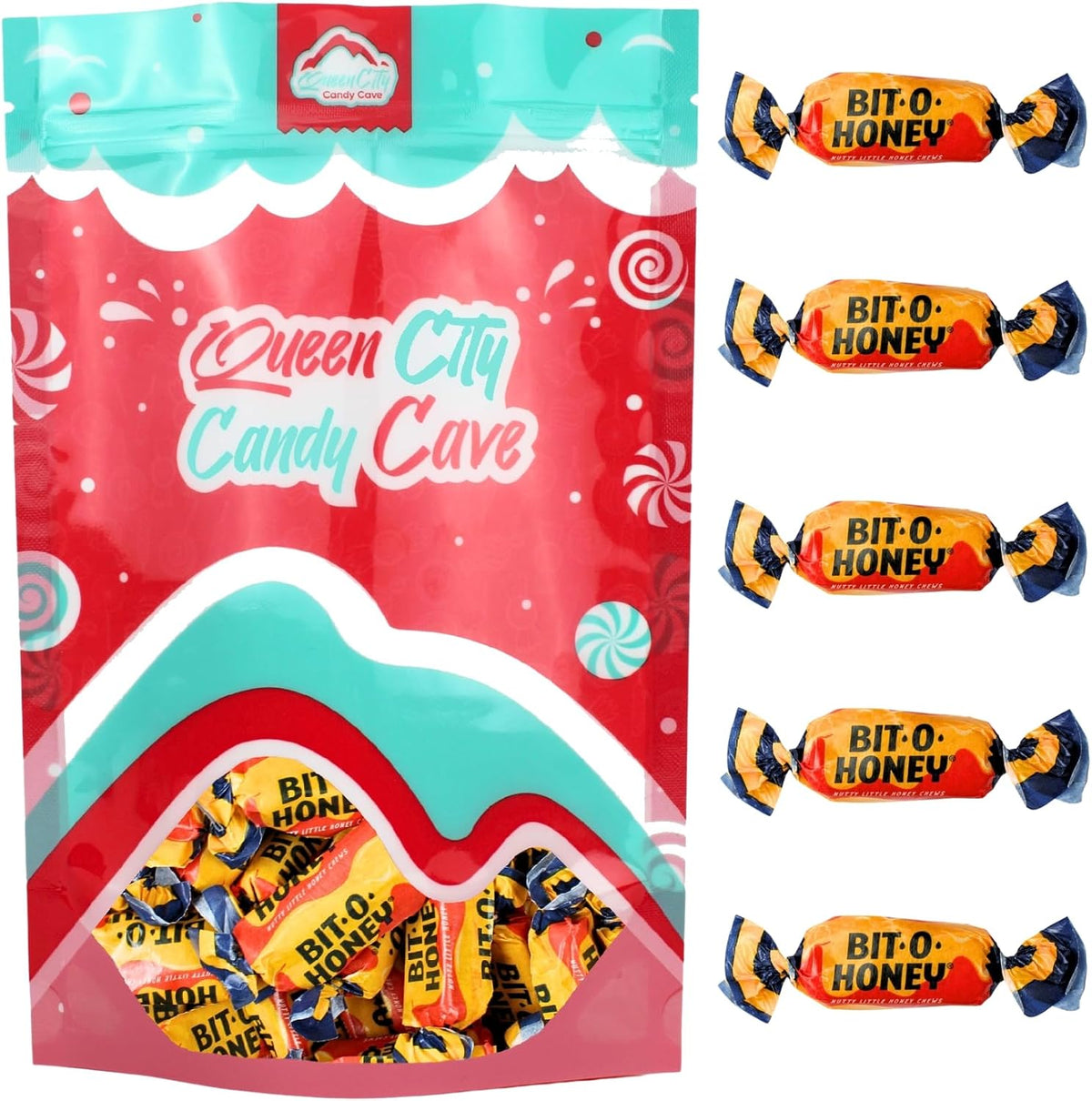 One pound bulk bag of Queen City Candy Cave honey almond taffy chews